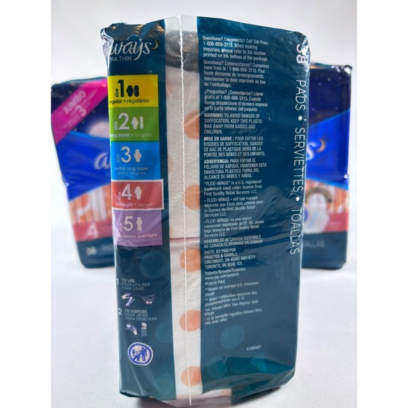 Always Ultra Thin Size 4 Overnight Pads Flexi-Wings 38 Count 3 Pack 114 Total - Picture 4 of 5